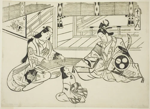 Yoshitsune (Ushiwaka) and Princess Joruri, from the series "Famous Scenes from Japanese Puppet Plays (Yamato irotake)" by Okumura Masanobu (奥村政信), print, 1700-1711