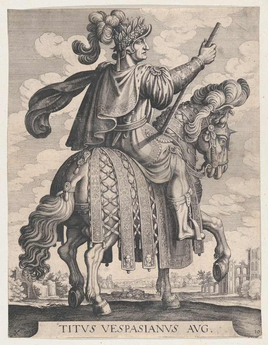 Plate 10: Emperor Titus on Horseback, from 'The First Twelve Roman Caesars' after Tempesta by Matthäus Merian, print, 1610-1650