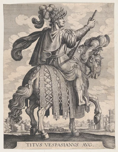 Plate 10: Emperor Titus on Horseback, from 'The First Twelve Roman Caesars' after Tempesta by Matthäus Merian, print, 1610-1650