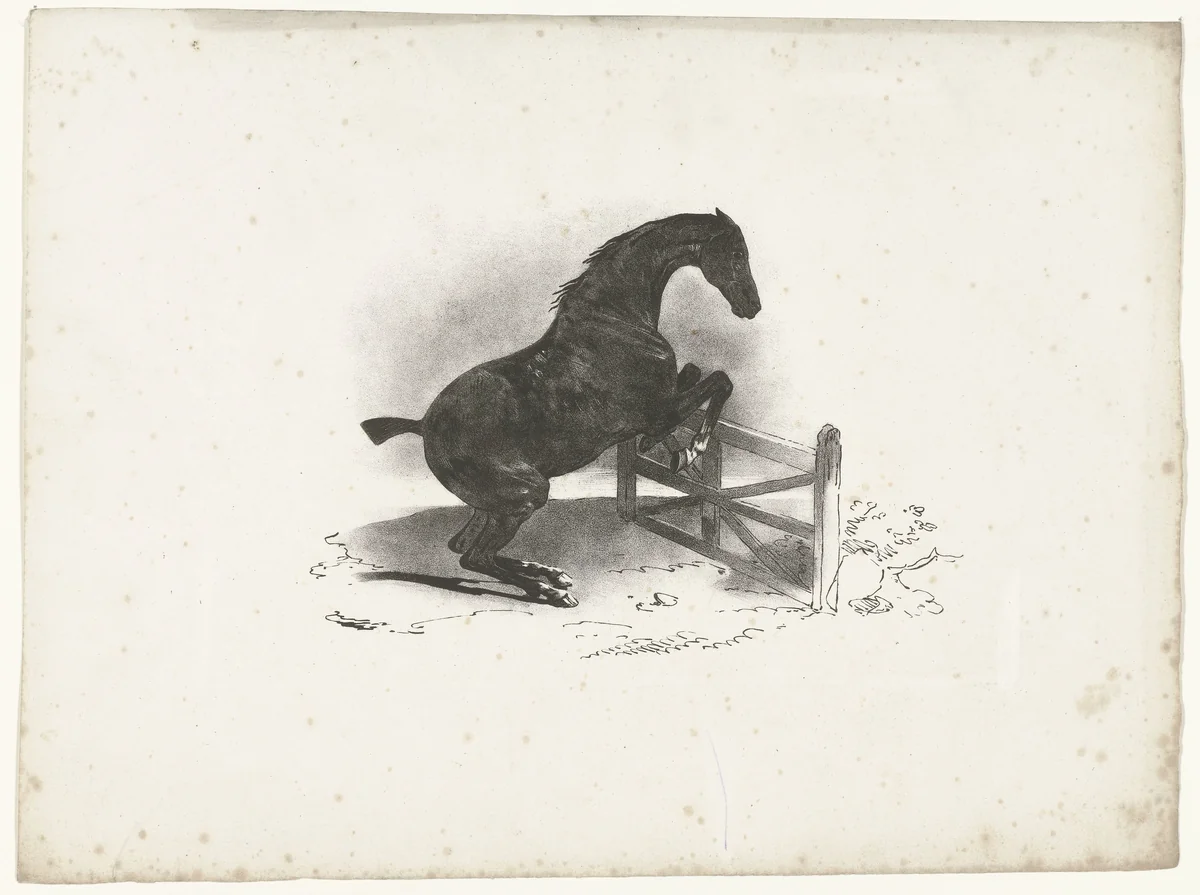 Paard springt over een hek by Courtin, print, 1821-1825