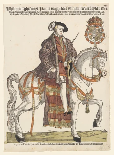 Portret van Filips II te paard by Hans Liefrinck, print, 1539-1556
