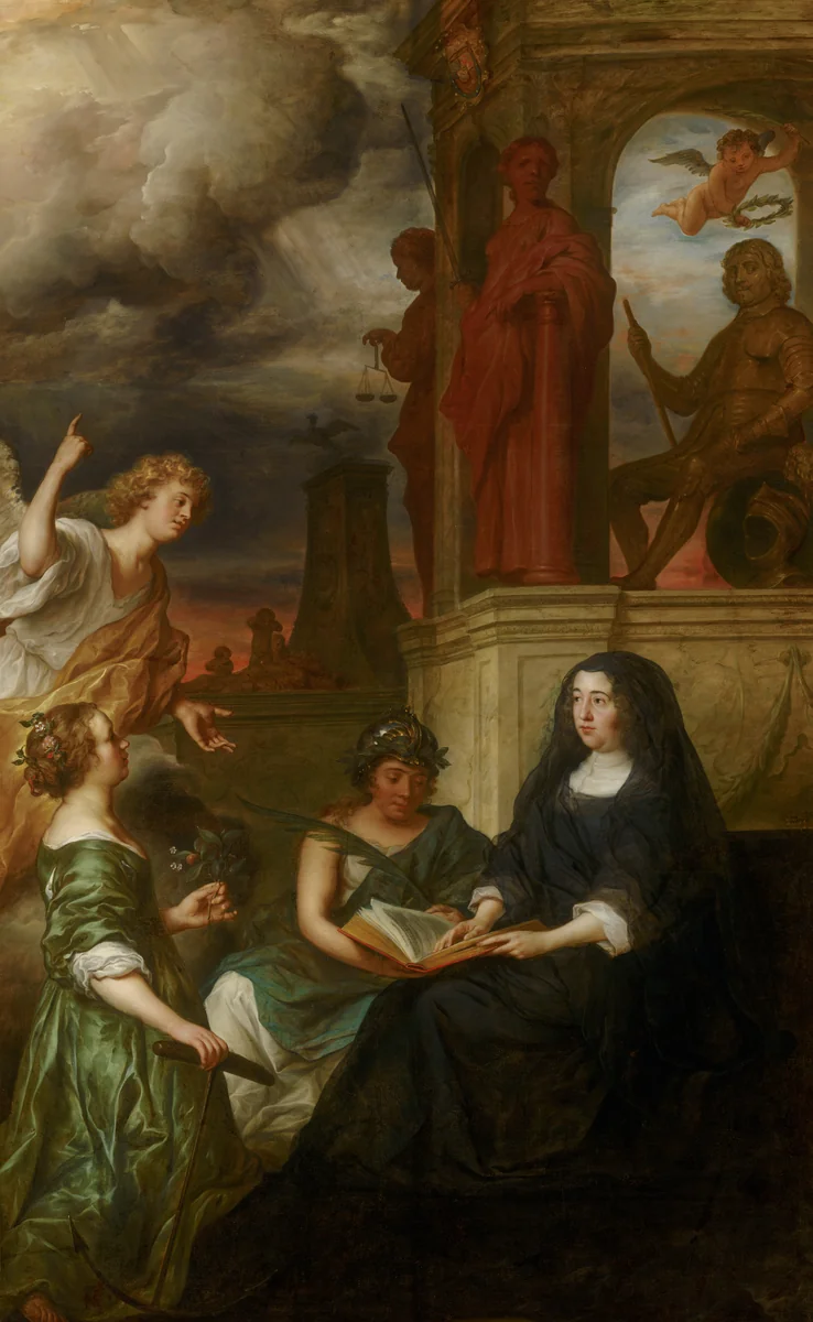 Allegory on the Memory of Stadholder Frederik Hendrik (1584-1647), with a Portrait of his Widow, Amalia of Solms-Braunfels (1602-1675) by Govert Flinck, painting, 1654