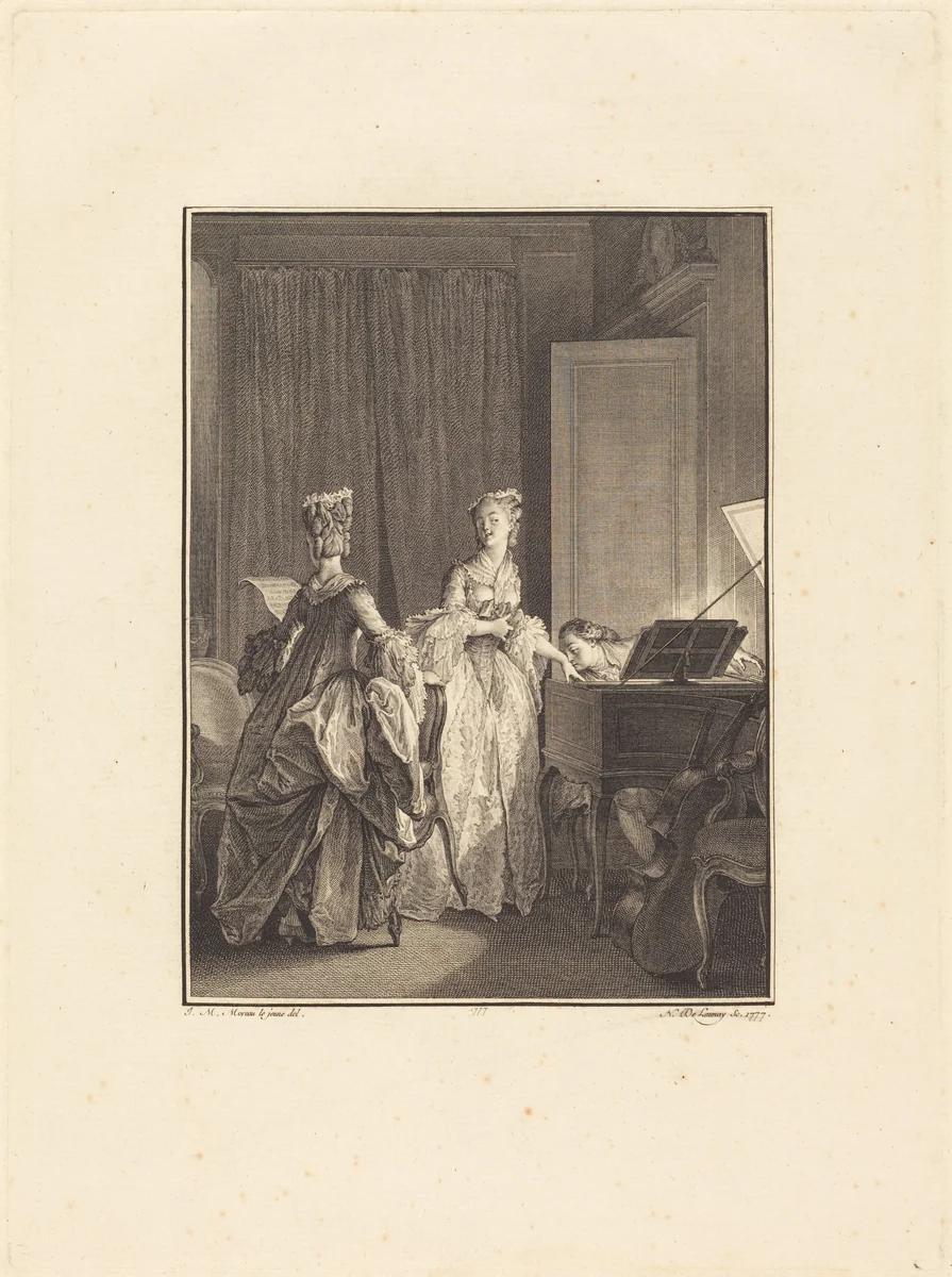Il appliqua sur cette main un baiser que je sentis sur mon coeur by Nicolas Delaunay; Jean-Michel Moreau the Younger, print, 1777