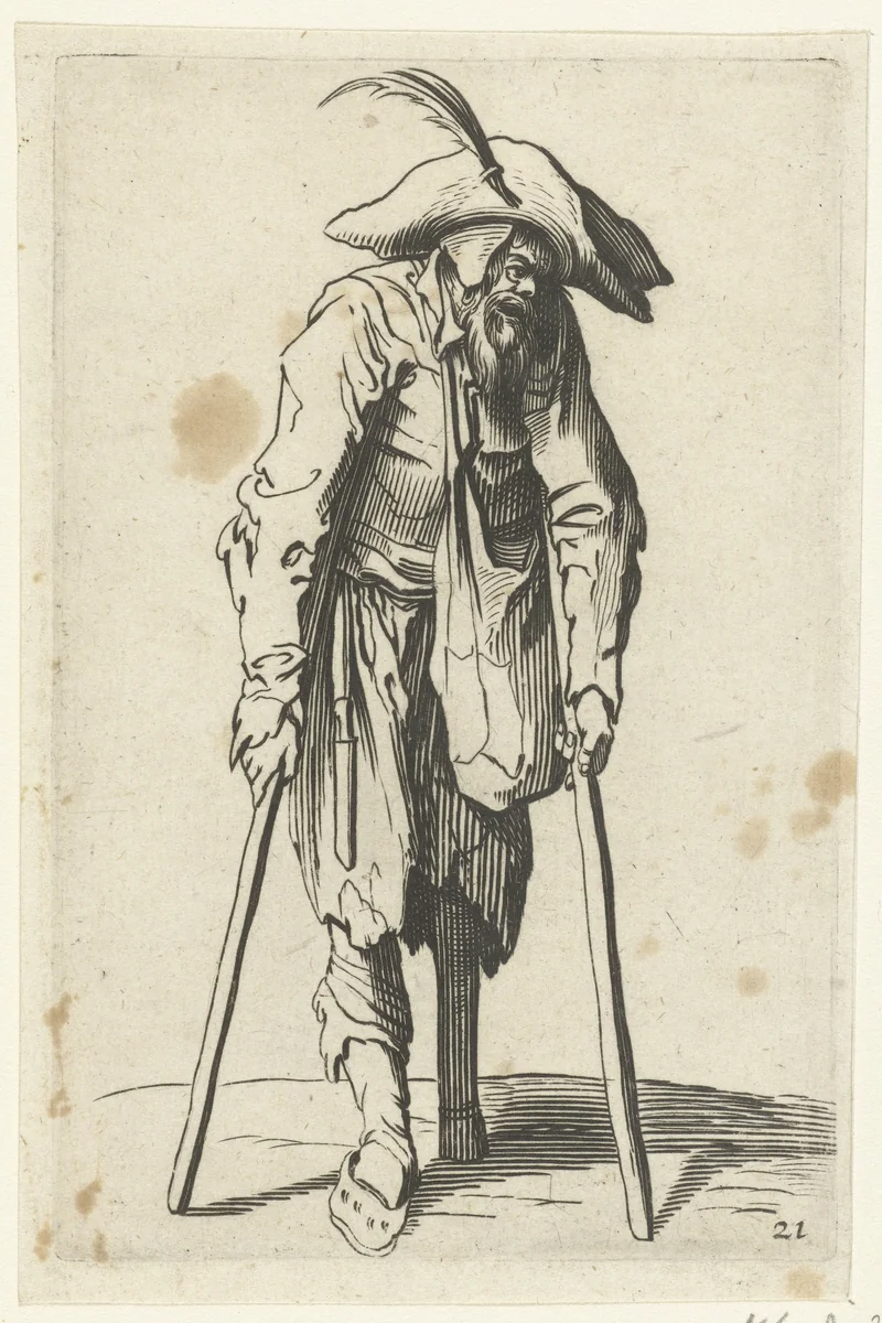 Bedelaar met krukken en een houten been by anonymous, print, 1622-1670