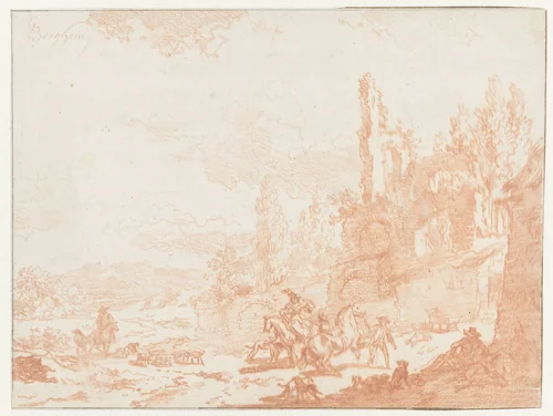 Italianiserend landschap met mannen, paarden en honden by Nicolaes Pietersz Berchem, drawing, 1630-1683