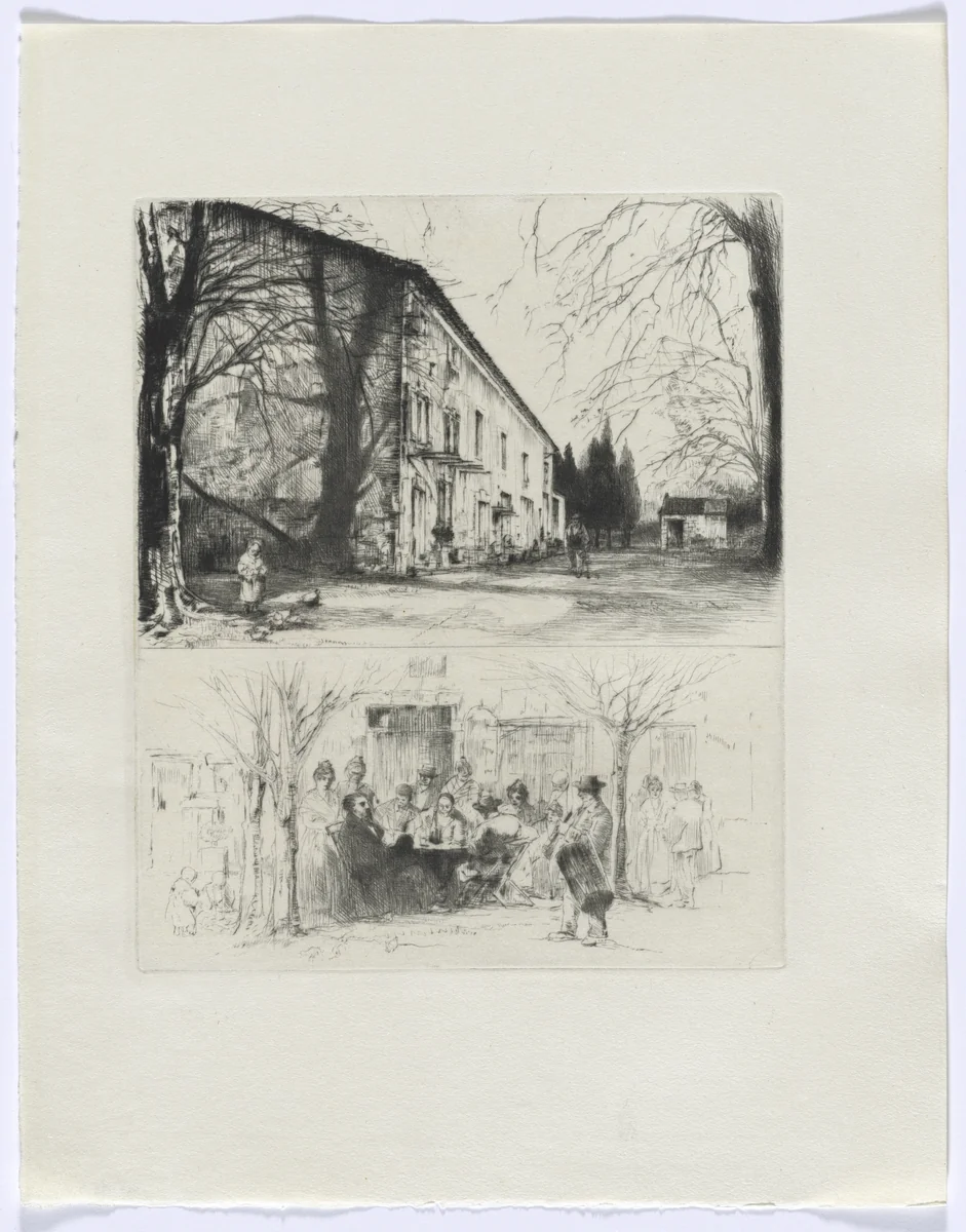 Frédéric Mistral: Mémoires et Recits by Frédéric Mistral: street scene and people at outdoor table (insert after p. 24) by Auguste Brouet, other, 1937