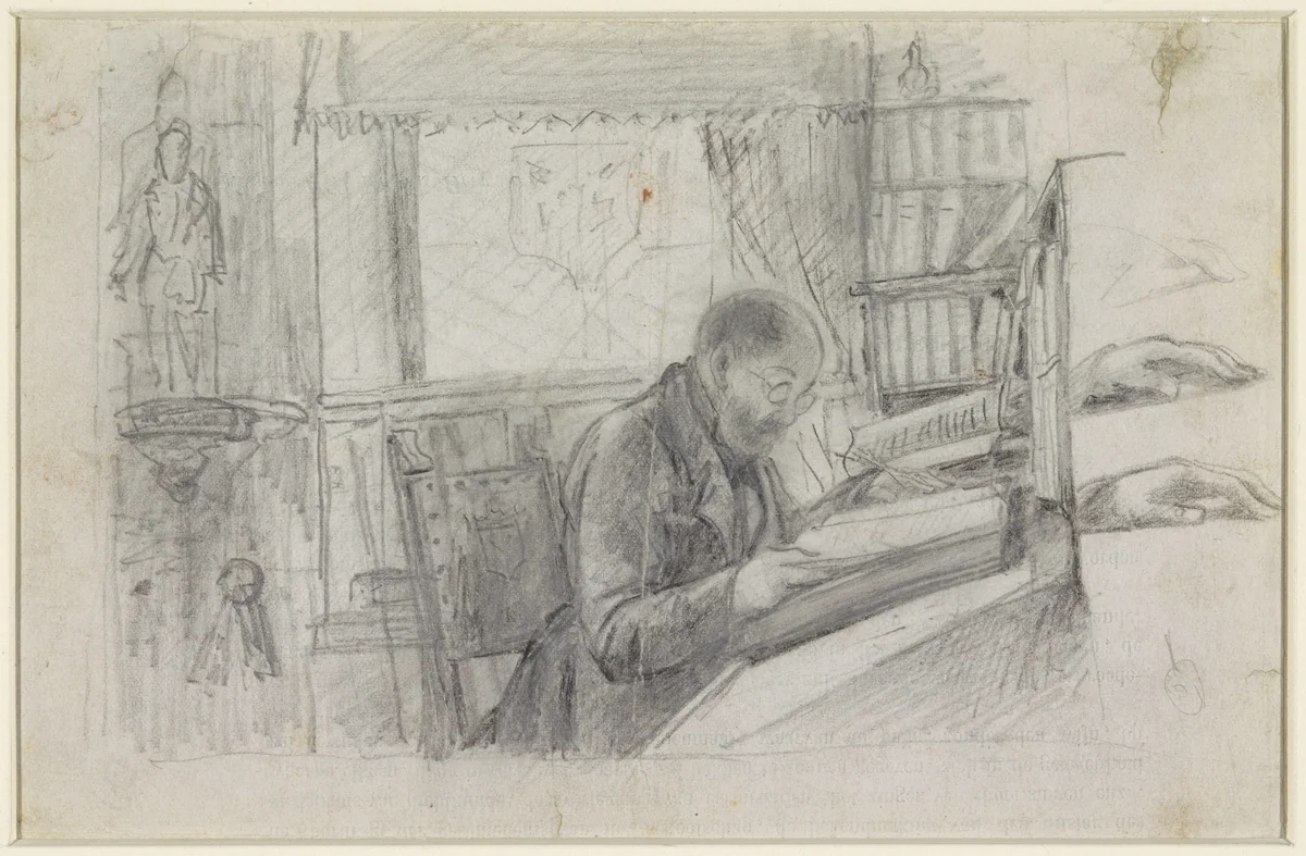 Frederik Verachter aan zijn bureau in het archief by Philippus Jacobus van Bree, drawing, 1800-1871
