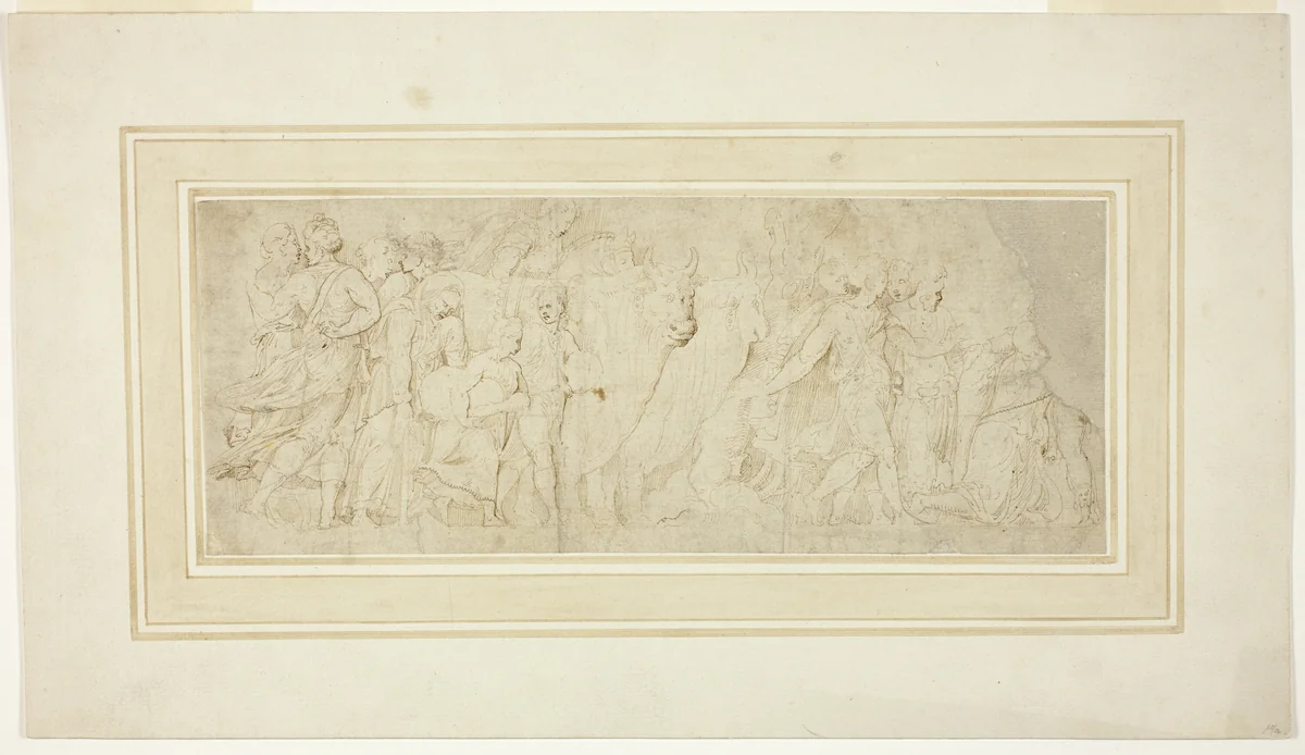 Procession of Figures and Oxen by Girolamo Sellari, drawing, 1549-1553