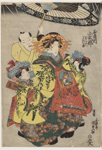 The Courtesans Hanamurasaki and Koshikibu of the Tamaya Promenading in the Rain by Utagawa Kunisada (歌川国貞), print, 1830-1834