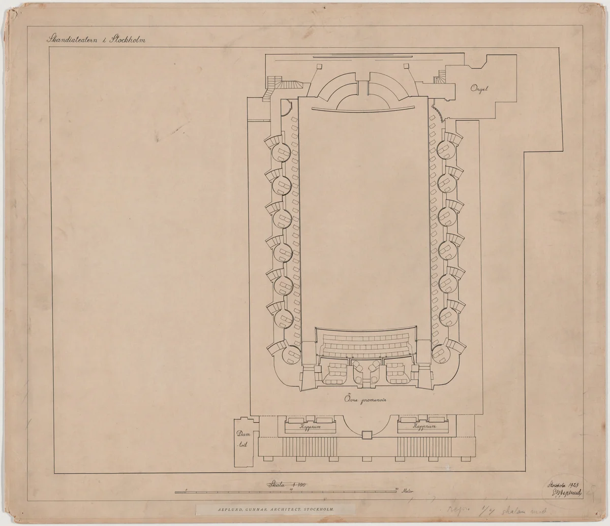 Skandia Cinema, Stockholm, Sweden, Floor plan of mezzanine by Erik Gunnar Asplund, architecture, 1923