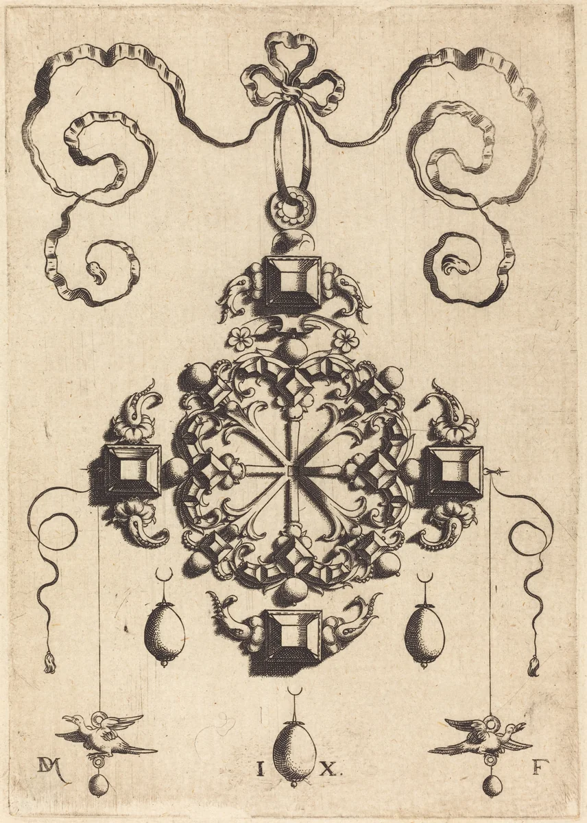 Large Pendant in the Form of a Wheel by Daniel Mignot, print, 1516-1653