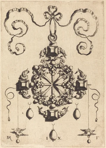 Large Pendant in the Form of a Wheel by Daniel Mignot, print, 1516-1653