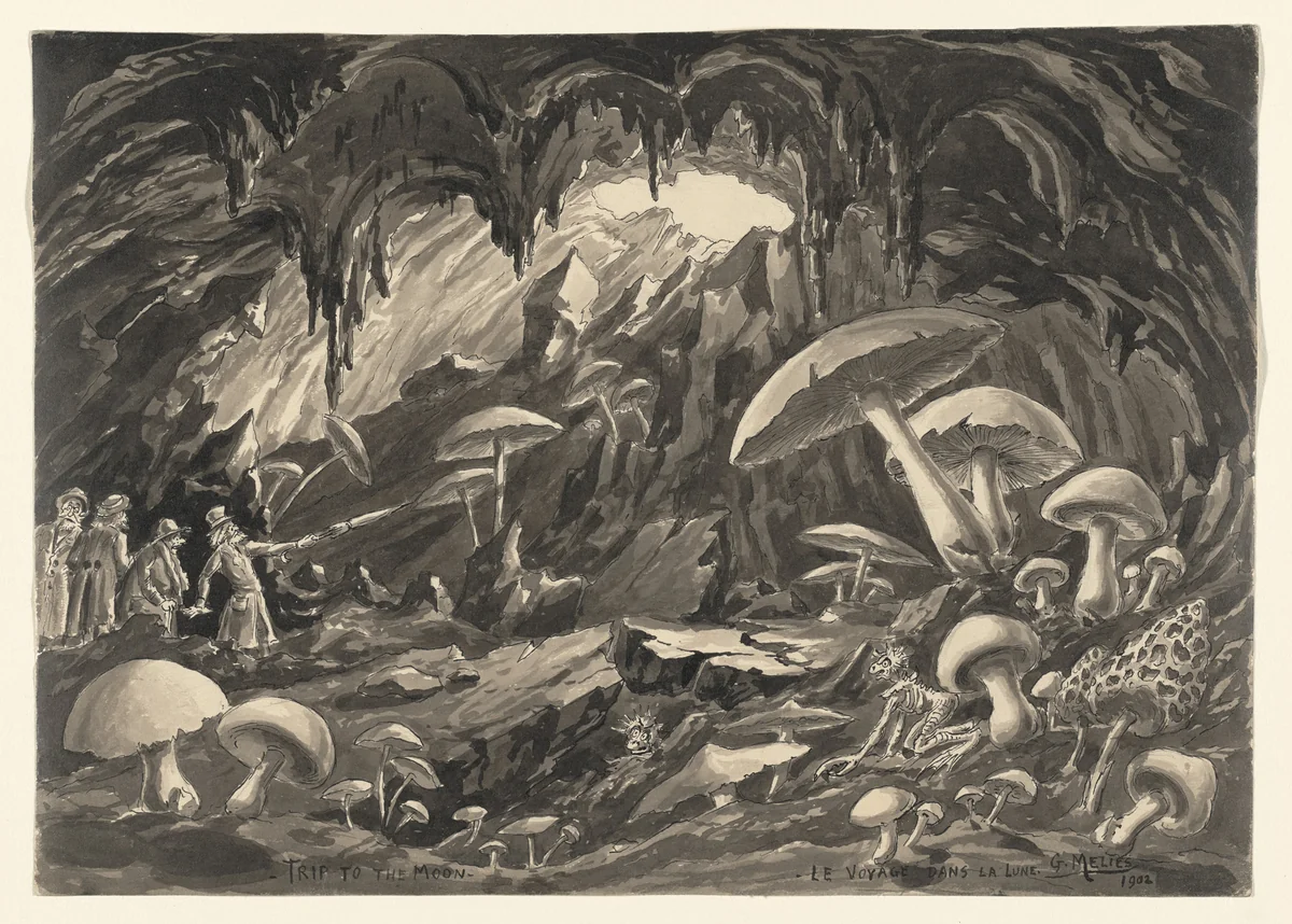 Drawing of Scene 15: In The Interior of The Moon. The Giant Mushroom Grotto of the 1902 film A Trip to the Moon (Le Voyage dans la lune) by Georges Méliès, drawing, 1930