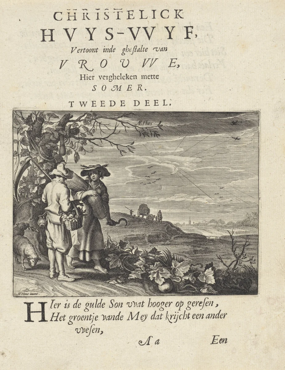 Vrouw met een korenschoof bij een man in een zomerlandschap by anonymous, print, 1625-1635