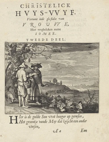 Vrouw met een korenschoof bij een man in een zomerlandschap by anonymous, print, 1625-1635