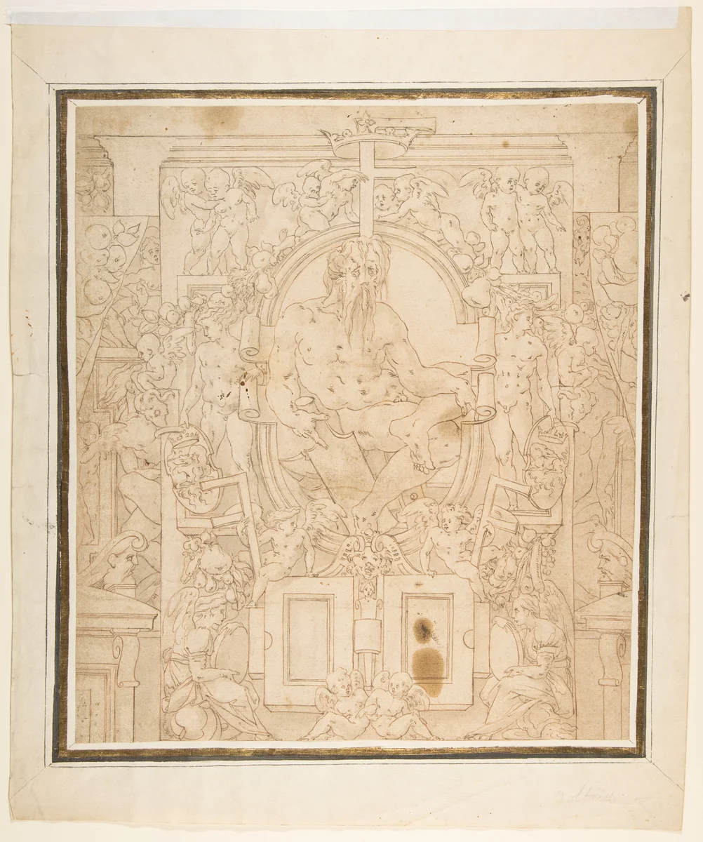 Design for a Wall Decoration with a River God and Putti carrying the Symbols of King François I by anonymous, drawing, 1530-1547