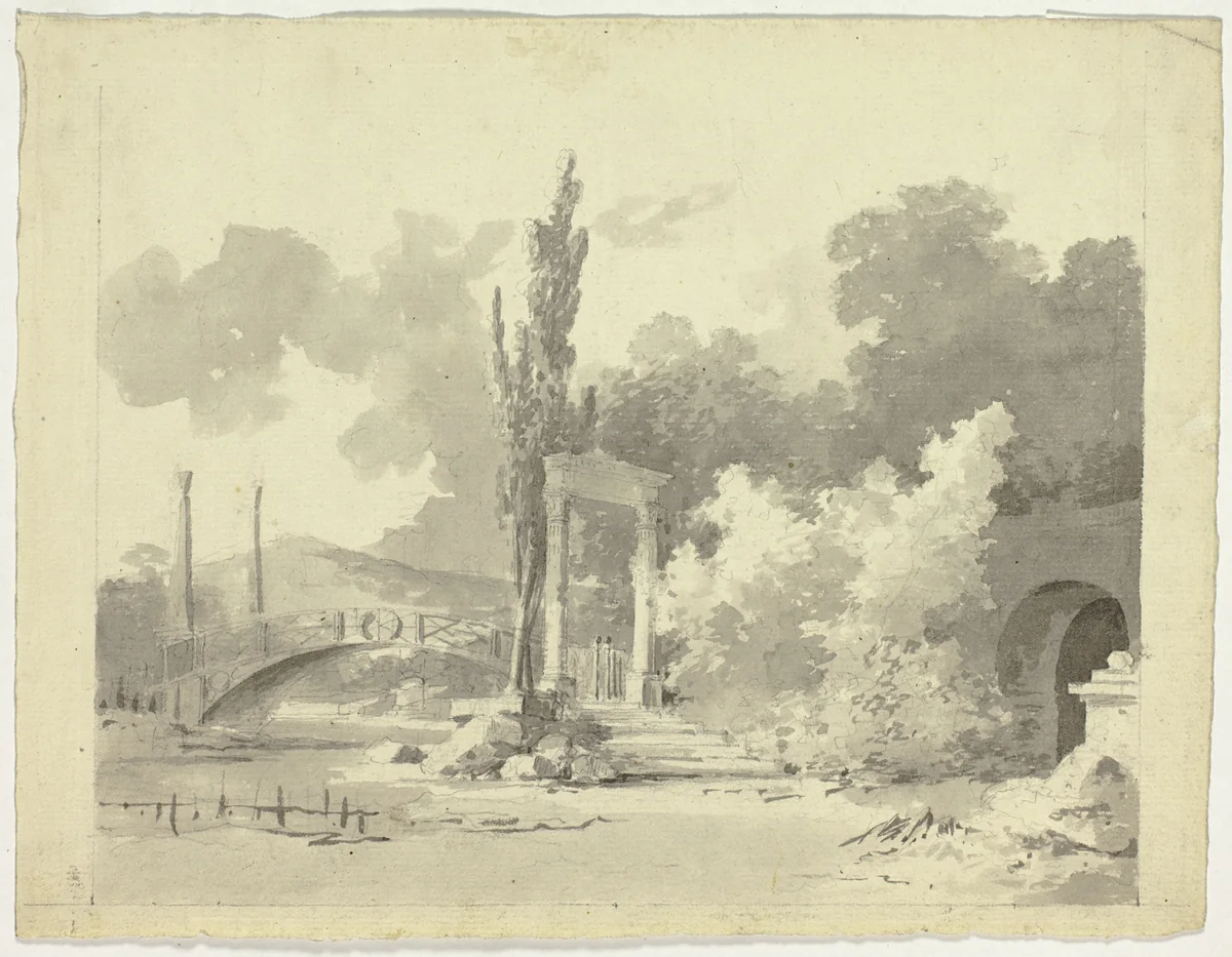 View of the Park at Versailles: Arched Bridge with Columned Approaches by Pierre Antoine Mongin, drawing, 1781-1827