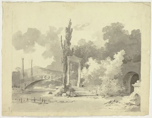 View of the Park at Versailles: Arched Bridge with Columned Approaches by Pierre Antoine Mongin, drawing, 1781-1827