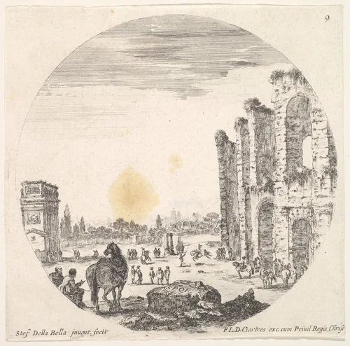 Plate 9: the Arch of Constantine to left, part of the Colosseum to right, from "Roman landscapes and ruins" (Paysages et ruines de Rome) by Stefano della Bella, print, 1643-1648