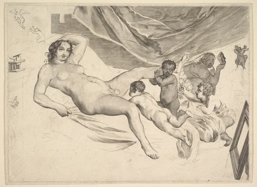 Allegorical Subject: Nude Woman, Three Children and a Mousetrap (La Sourcière) by Claude Mellan, print, 1600-1688