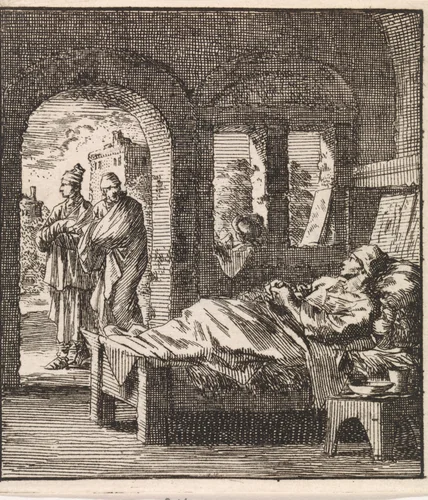 Zieke man ligt eenzaam in bed terwijl buiten twee mannen voorbij wandelen by Jan Luyken, print, 1711