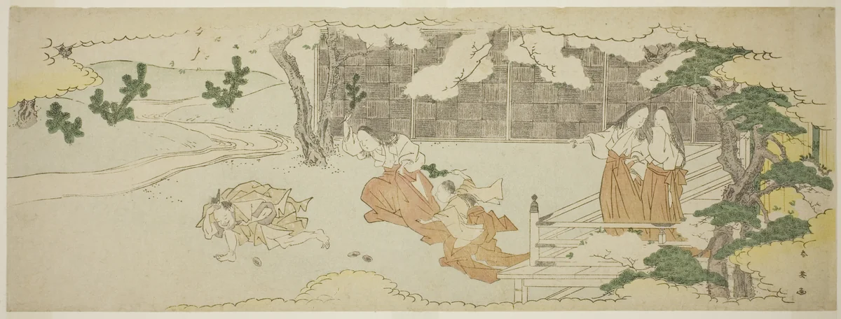 Court Ladies on a Balcony Watching a Woman and a Girl Chasing a Man in the Yard under Blossoming Cherry Trees by Katsukawa Shun'ei (勝川春英), print, 1795-1799