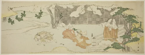 Court Ladies on a Balcony Watching a Woman and a Girl Chasing a Man in the Yard under Blossoming Cherry Trees by Katsukawa Shun'ei (勝川春英), print, 1795-1799