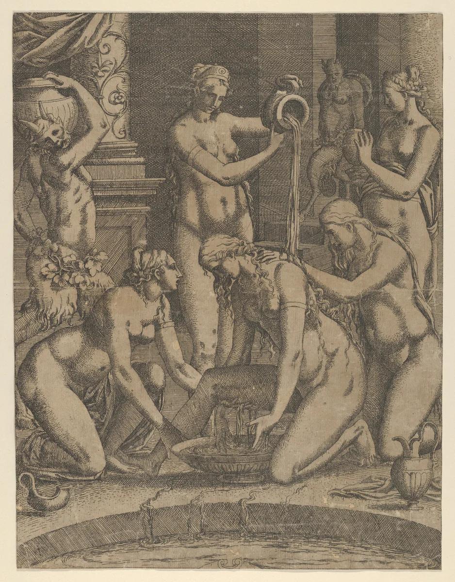 Venus Bathing Attended by Nymphs by Jean Mignon, print, 1535-1555