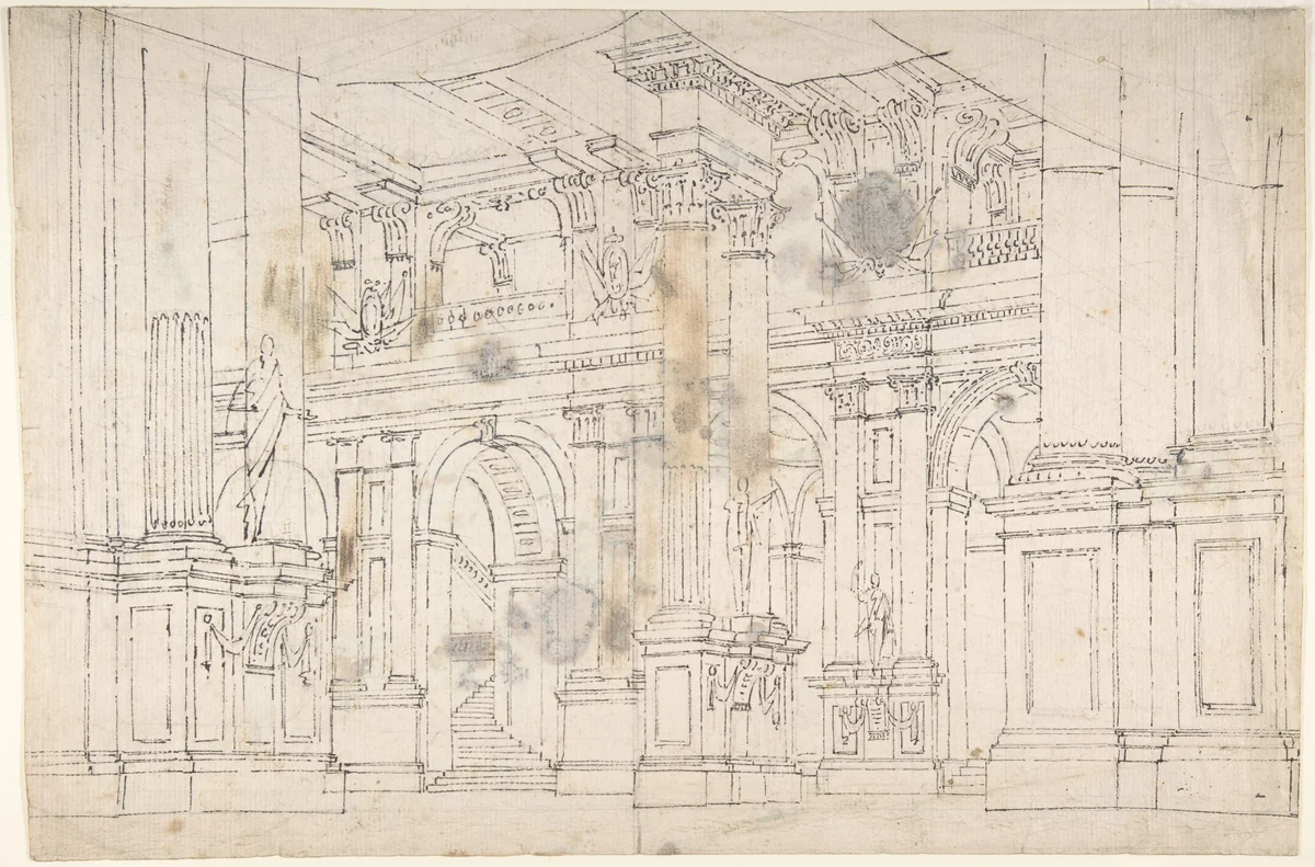 Outline Drawing: Stage Set Design for a Performance of "Iphigenia". Verso: Two Designs for Palace Interiors. by Fabrizio Galliari, drawing, 1709-1790