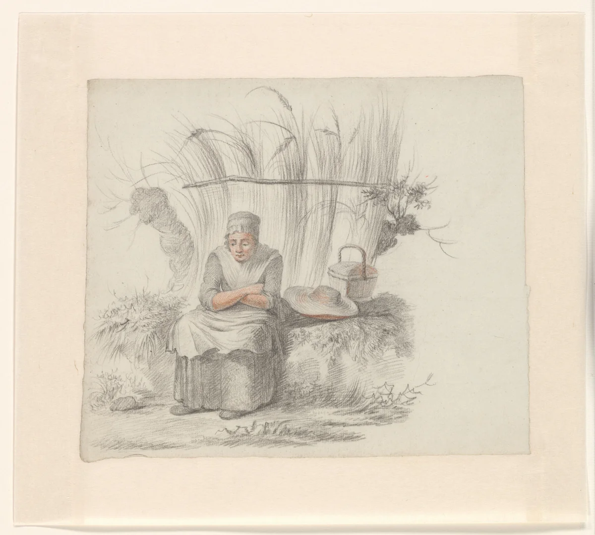 Zittende vrouw in een landschap by Johannes van Reijn, drawing, 1800-1900
