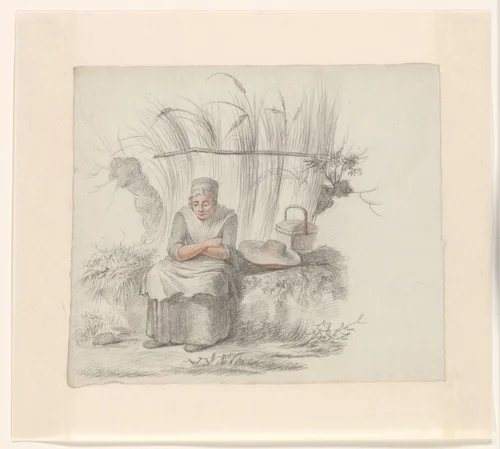 Zittende vrouw in een landschap by Johannes van Reijn, drawing, 1800-1900