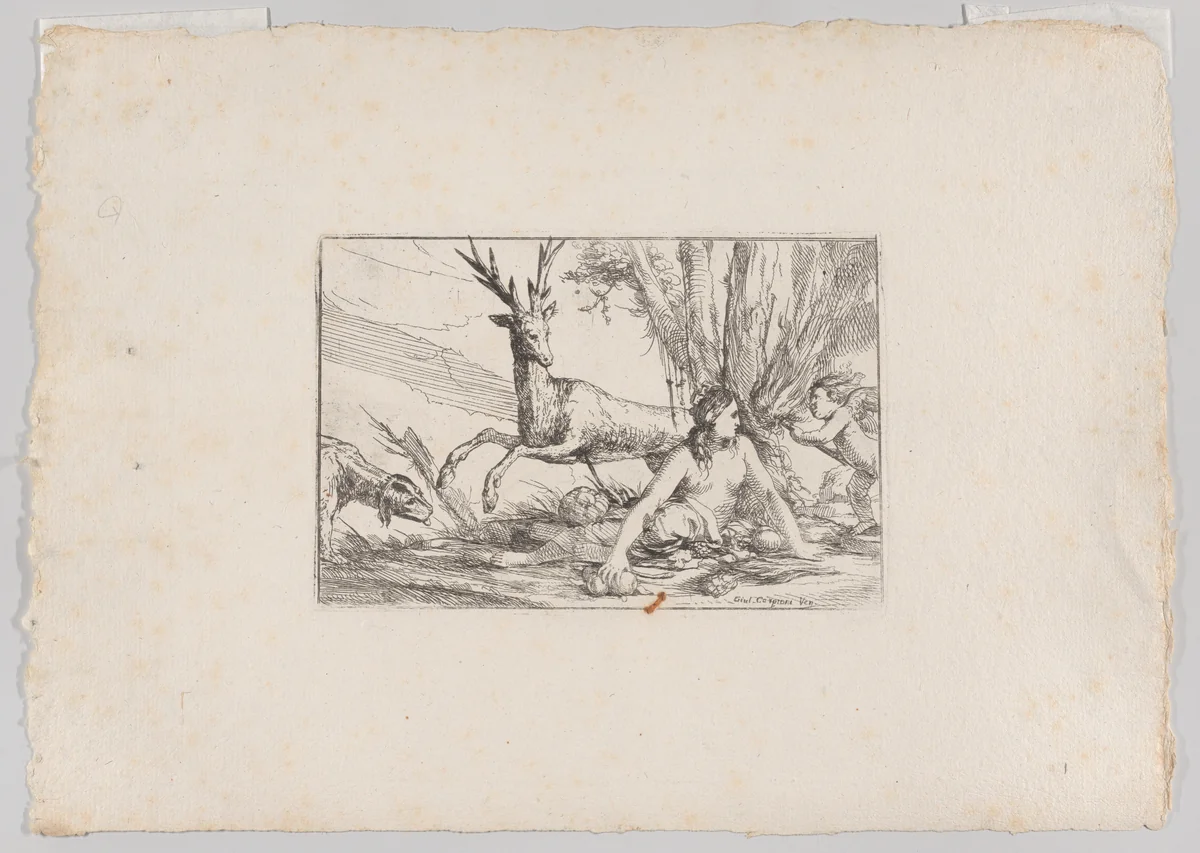 Earth, represented by Cybele seated at the base of a tree with fruits of the earth spread before her, a cupid with a torch approaches from the right, a stag and hound look toward Cybele from the left, from "The Elements" by Giulio Carpioni, print, 1640-1660