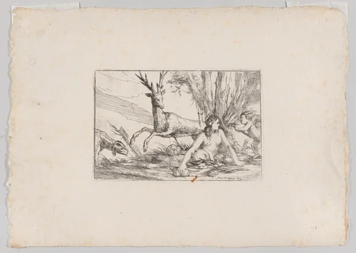 Earth, represented by Cybele seated at the base of a tree with fruits of the earth spread before her, a cupid with a torch approaches from the right, a stag and hound look toward Cybele from the left, from "The Elements" by Giulio Carpioni, print, 1640-1660