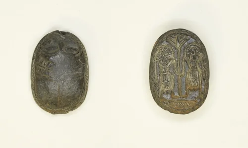 Scaraboid: Face Motif on Top; Two Figures Holding Flower on Base by Egyptian, other, -1650--1550