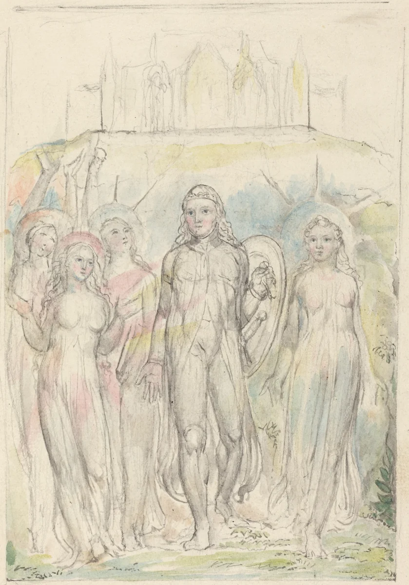 Christian with the Shield of Faith, Taking Leave of His Companions by William Blake, drawing, 1824-1827