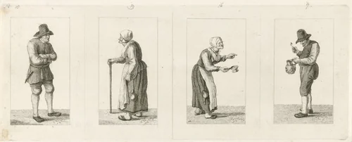 Vier voorstellingen van een staande figuur by Pieter de Mare, print, 1779