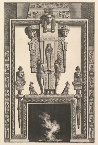 Chimneypiece in the Egyptian style: Mummy superimposed on a large caryatid above the lintel (Ch. à l'égyptiennne surmontée d'une grande cariatide contre laquelle s'applique une momie), from Diverse Maniere d'adornare i cammini ed ogni altra parte degli edifizi...(Different Ways of ornamenting chimneypieces and all other parts of houses) by Giovanni Battista Piranesi, print, 1769