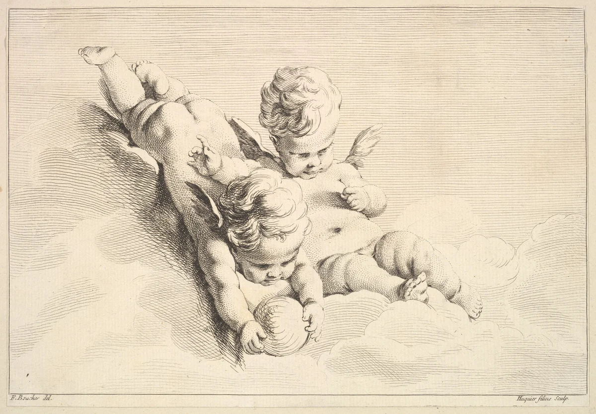 Two Cupids, One Holding a Ball by Jacques Gabriel Huquier, print, 1745-1800