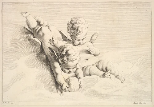 Two Cupids, One Holding a Ball by Jacques Gabriel Huquier, print, 1745-1800