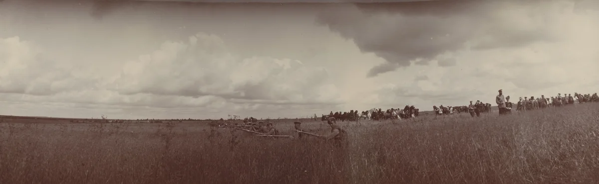 Grand Duchess Xenia Alexandrovna, Grand Dukes Alexander Mikhailovich and Boris Vladimirovich, and Soldiers with Guns, Ropsha by Unidentified Photographer, photograph, 1907
