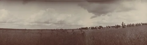 Grand Duchess Xenia Alexandrovna, Grand Dukes Alexander Mikhailovich and Boris Vladimirovich, and Soldiers with Guns, Ropsha by Unidentified Photographer, photograph, 1907