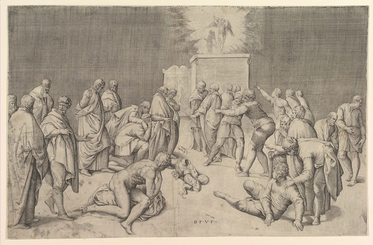 The Philistines Place the Ark of the Covenant in the Temple of Dagon by Battista Franco, print, 1535-1545