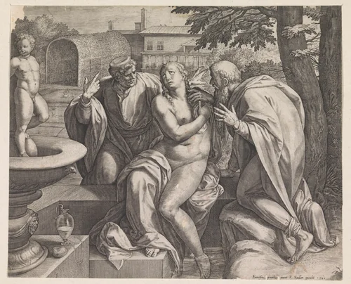 Susanna en de ouderlingen by Raphaël Sadeler, print, 1582