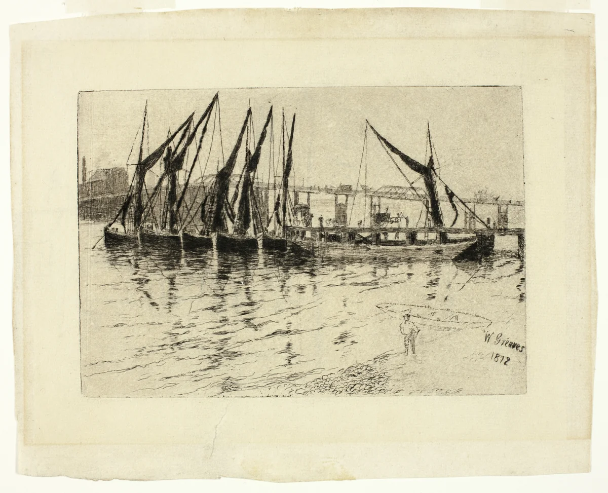 Coal Barges Unloading (recto); Sketch of a Building (verso) by Walter Greaves, print, 1872