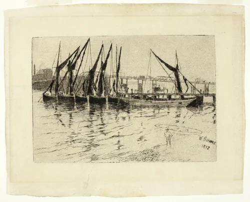 Coal Barges Unloading (recto); Sketch of a Building (verso) by Walter Greaves, print, 1872