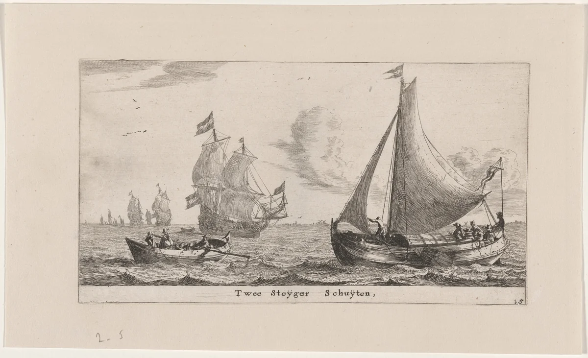 Two "Steiger Schuiten" by Reinier Nooms, print, 1647-1657