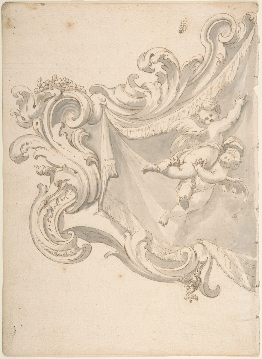 Design for a Crest with Drapery and Two Putti by anonymous, drawing, 1700-1780