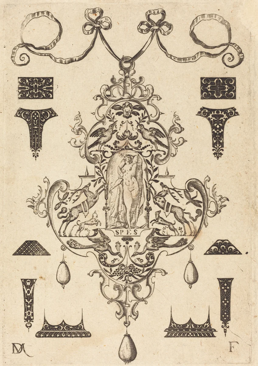 Large Pendant, Hope Standing at Centre by Daniel Mignot, print, 1593