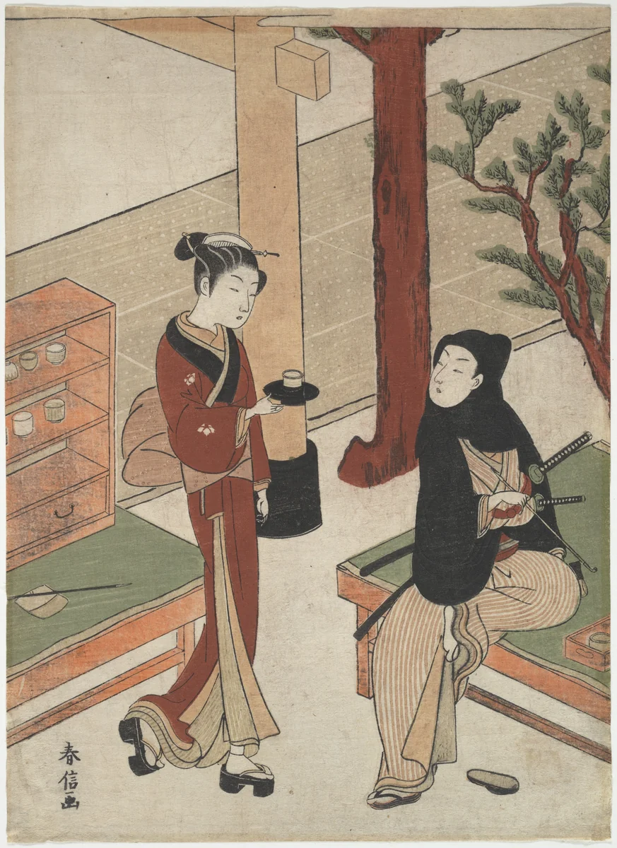 Osen Waiting on a Young Samurai by Suzuki Harunobu (鈴木春信), print, 1760-1780