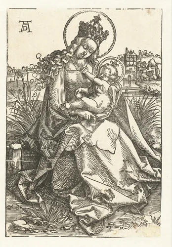 Zittende Maria met kind in landschap by Hans Baldung Grien, print, 1505-1507